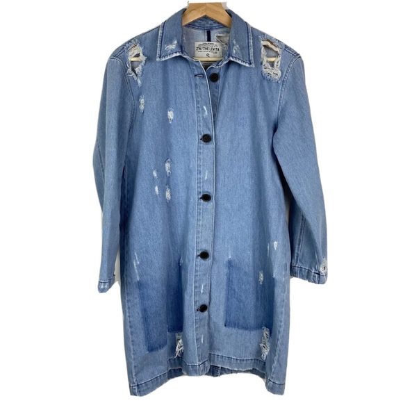 Zara Distressed Denim Long Jacket - Picture 1 of 10